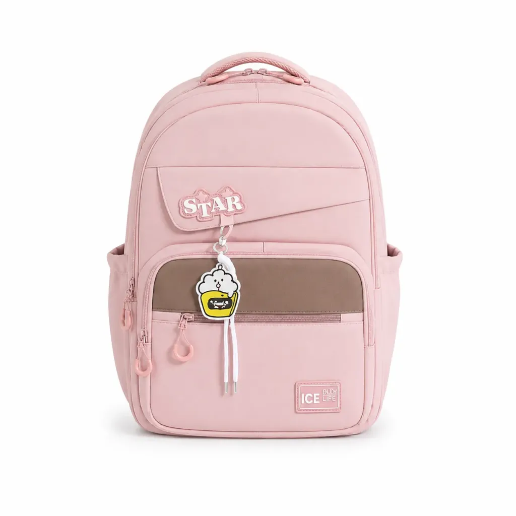[SAC-PL003] Cartable Scolaire Design "STAR"  avec Porte-Clé - Rose Pastel & Marron