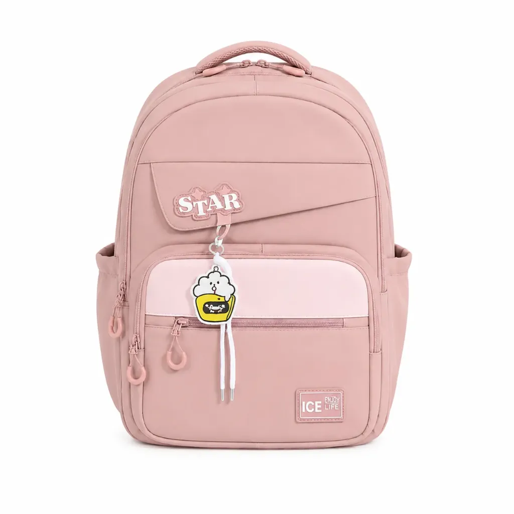 [SAC-PL002] Cartable Scolaire Design "STAR"  avec Porte-Clé  - Rose Pastel & Rose bébé