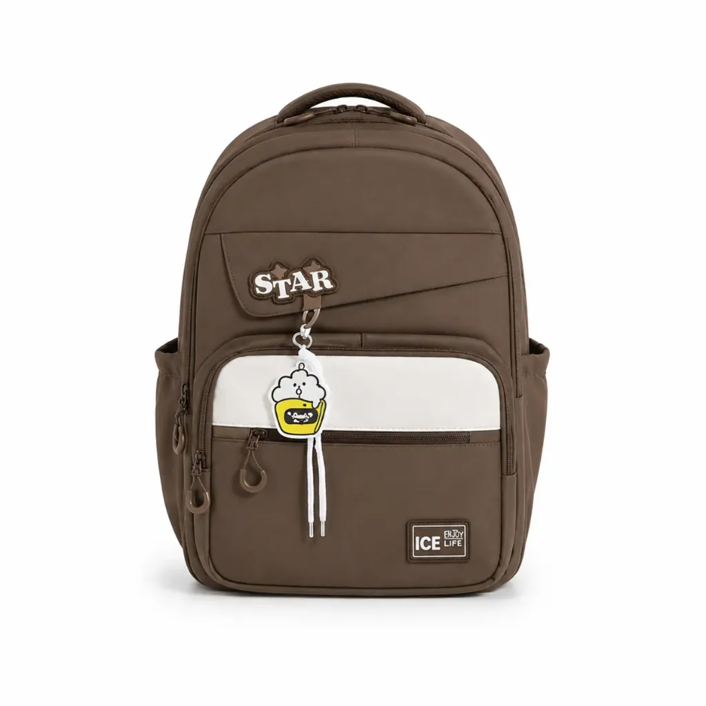 [SAC-PL004] Cartable Scolaire Design "STAR" avec Porte-Clé - Marron