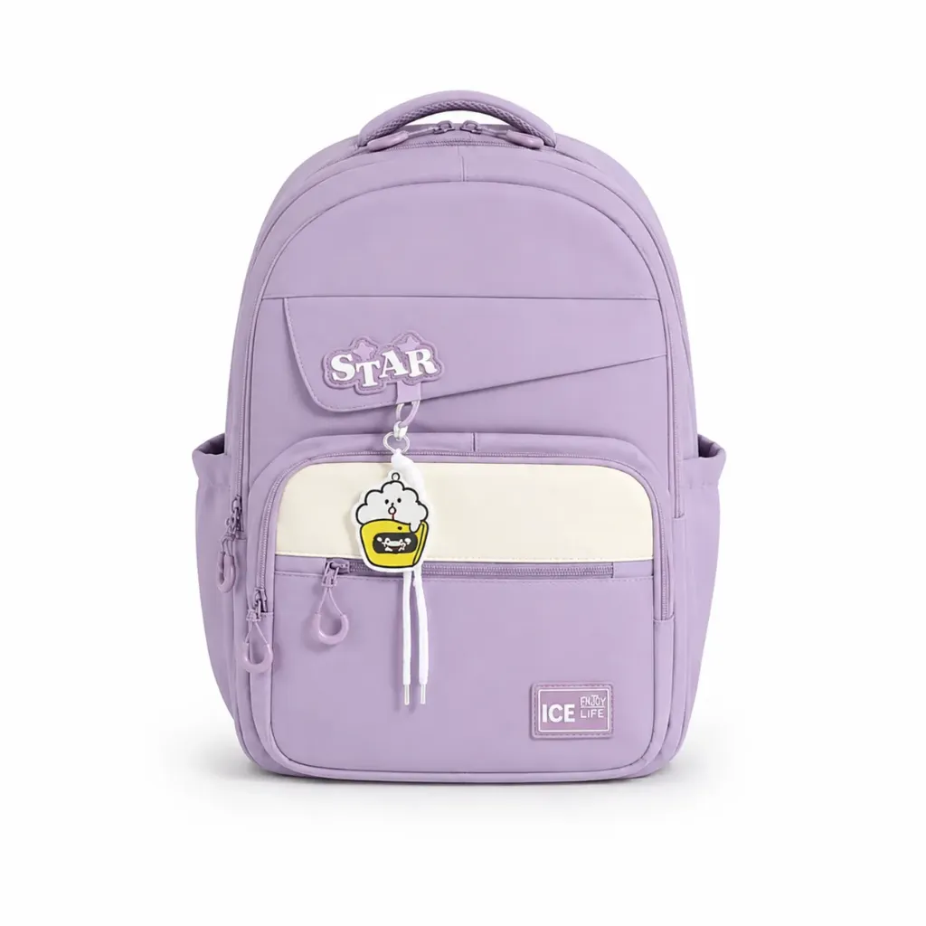 [SAC-PL005] Cartable Scolaire Design "STAR" avec Porte-Clé - Violet
