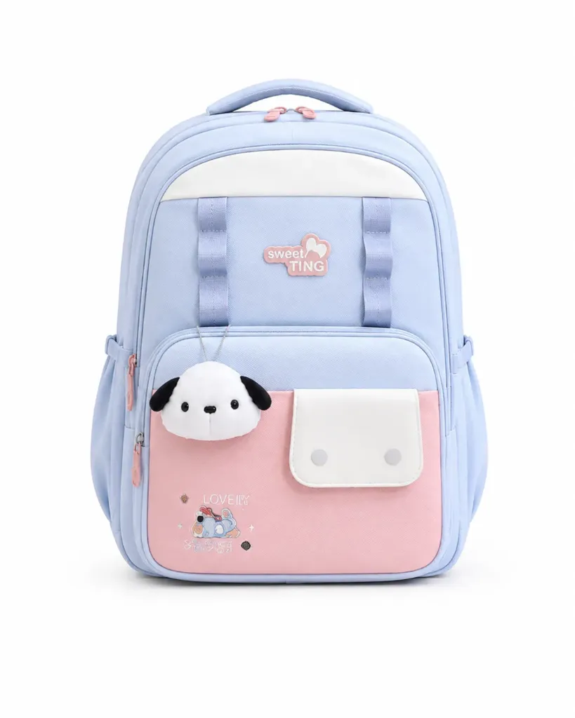 [SAC-PL006] Sac à Dos Scolaire "Happy Time" avec  Peluche Chien - Bleu Ciel