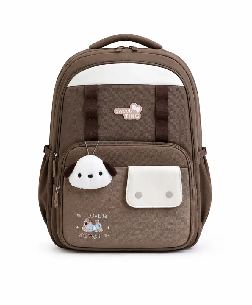 [SAC-PL007] Sac à Dos Scolaire "Happy Time" avec  Peluche Chien - Marron