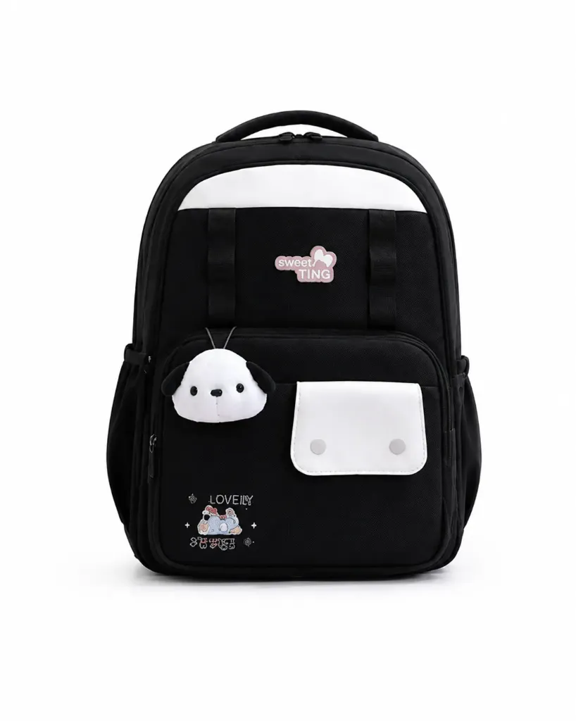 [SAC-PL008] Sac à Dos Scolaire "Happy Time" avec  Peluche Chien - Noir