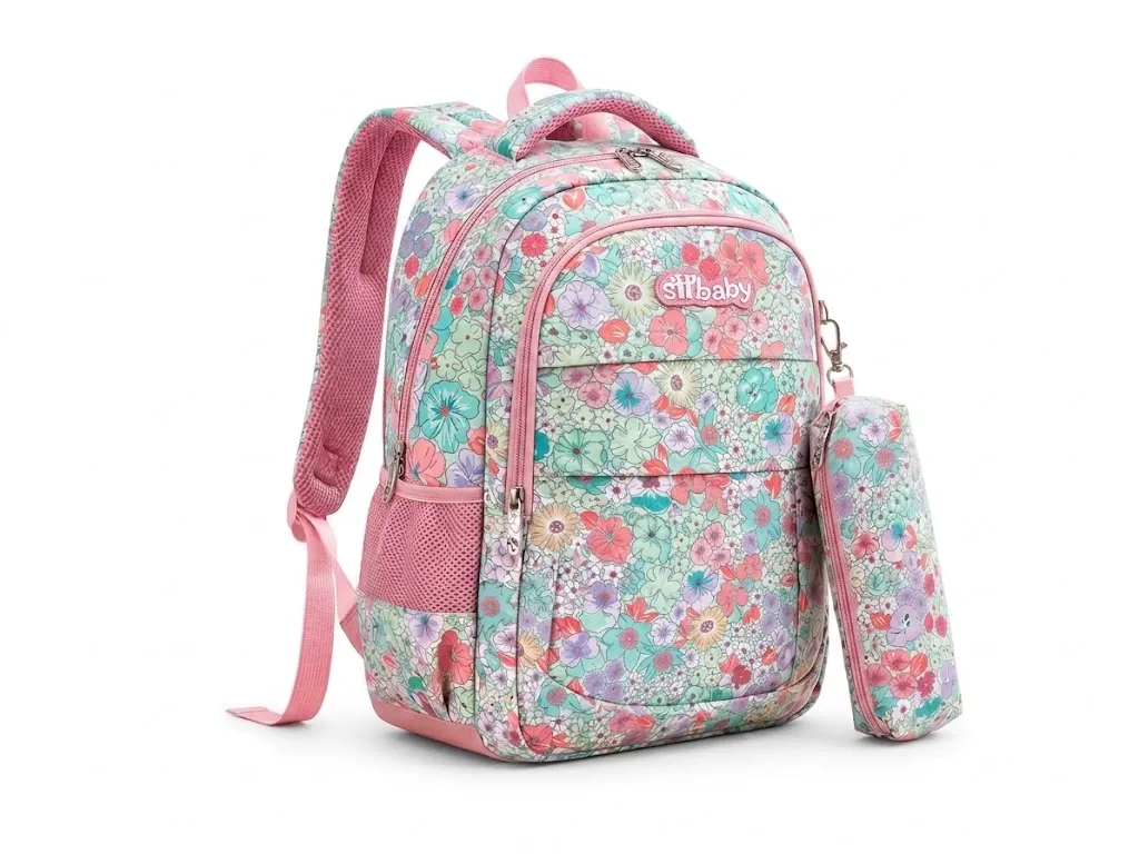 Cartable Fille Fleuri Rose – Avec Trousse Assortie