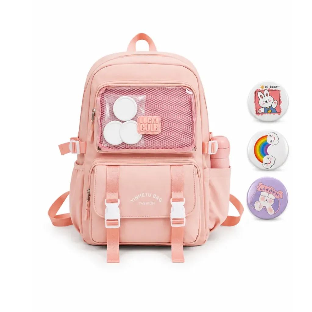 Sac à Dos Scolaire Pastel Kawaii – Rose Poudré + 3 Pins Accessoires Offerts