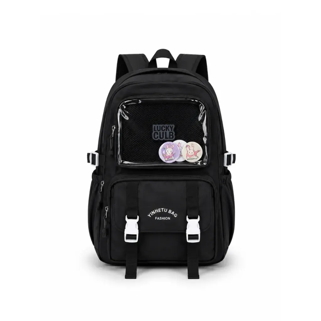 Sac à Dos Scolaire Streetwear & Kawaii – Noir Intense + 3 Pins Accessoires Offerts